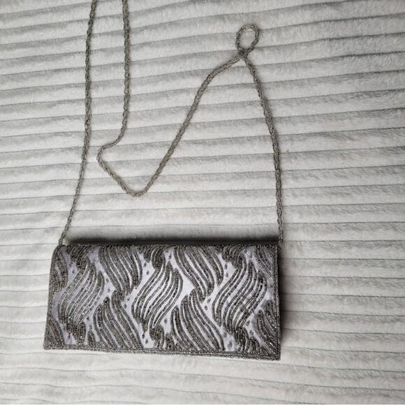 Nina Silver Beaded Evening Clutch Purse Bag Chain Strap Formal Wedding Prom - Picture 4 of 7